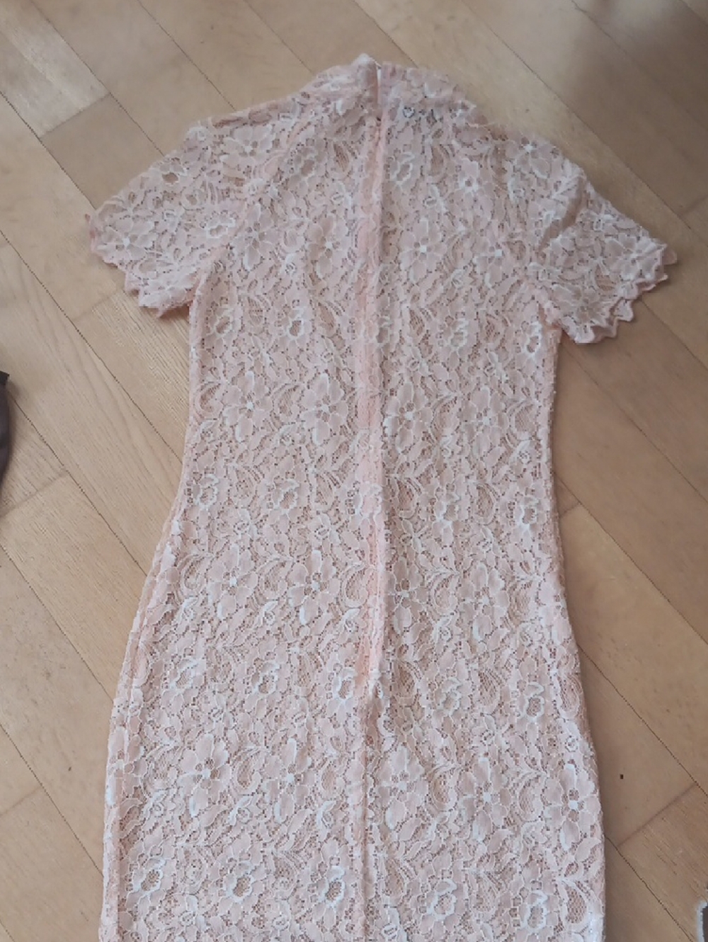 House of CB Sheer Salmon Pink Lace  Dress with Brown Boy Short Body Suit M